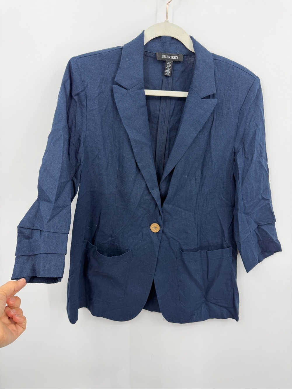 Ellen Tracy linen blend navy blue blazer 3/4 length sleeves gathered cuffs sz S